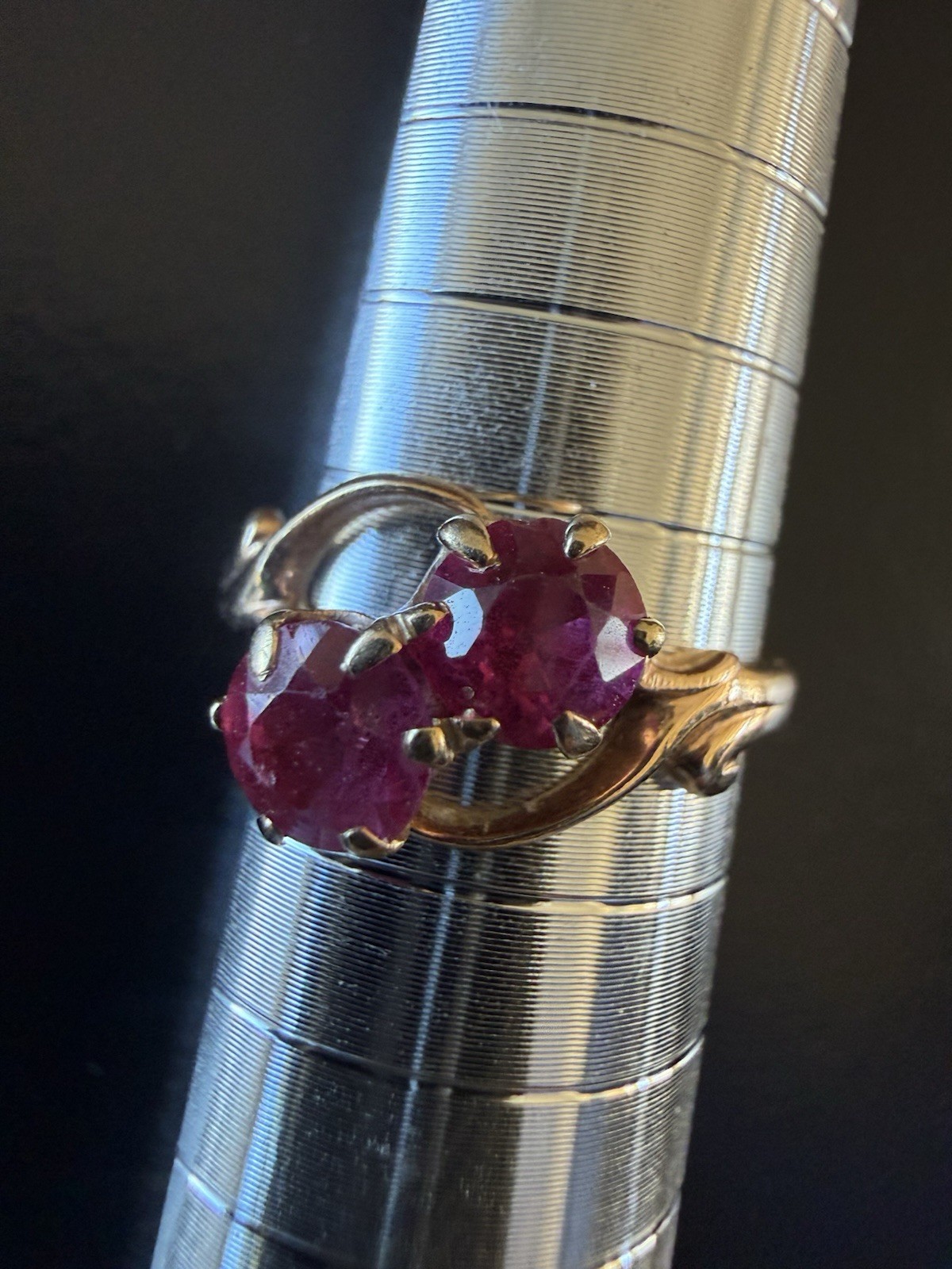 Vintage 18k Gold Two Rubies Ring Stamped C With Arrow Through It Size 4 3/4
