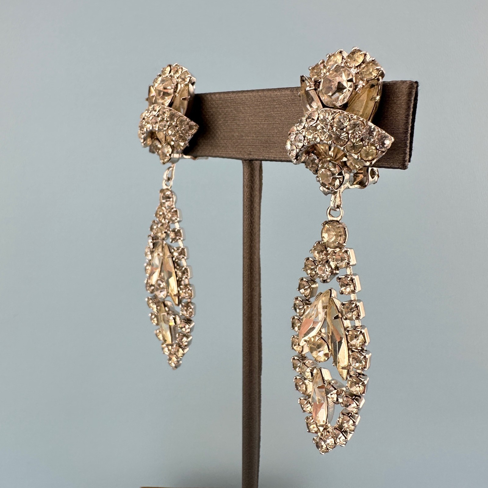 Vintage Rhinestone Earrings Chandelier Drop Clip On Statement Bridal Art Deco