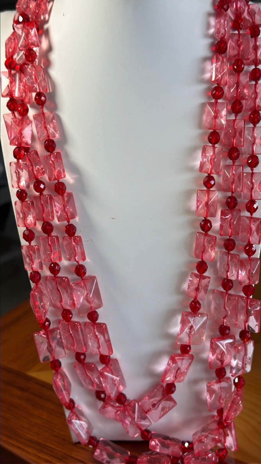 Vintage Pink & Ruby Red Lucite Acrylic Necklace 16” triple Strand statement