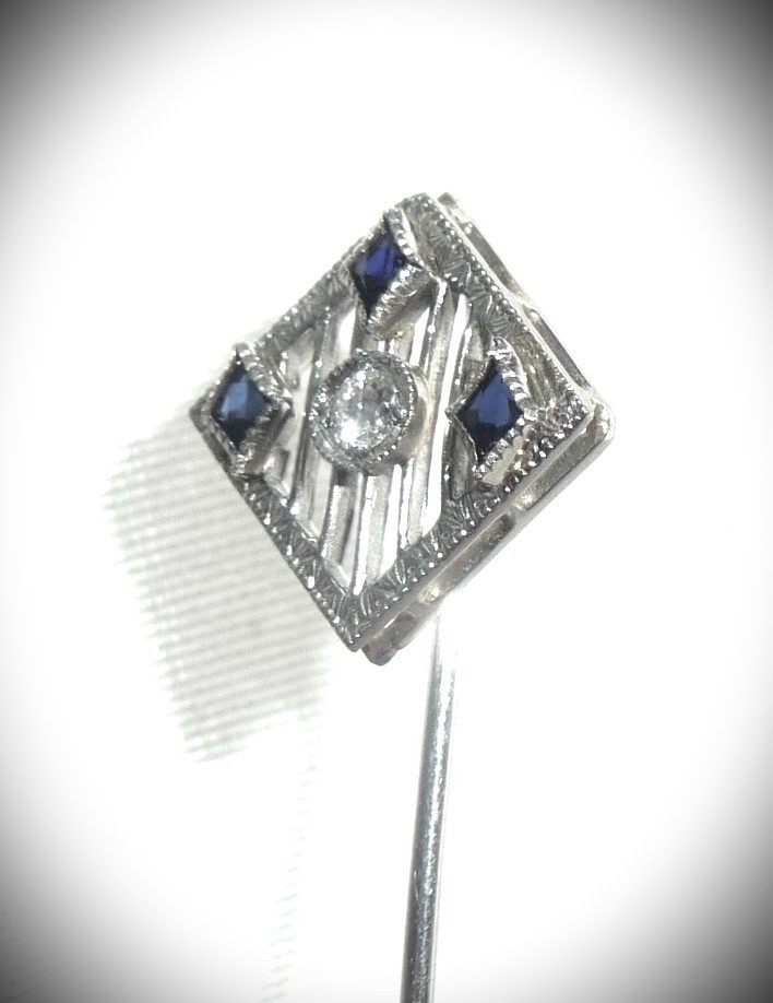 BEAUTIFUL ANTIQUE CIRCA 1920 18K WHITE GOLD DIAMOND SAPPHIRE STICK PIN BROOCH!
