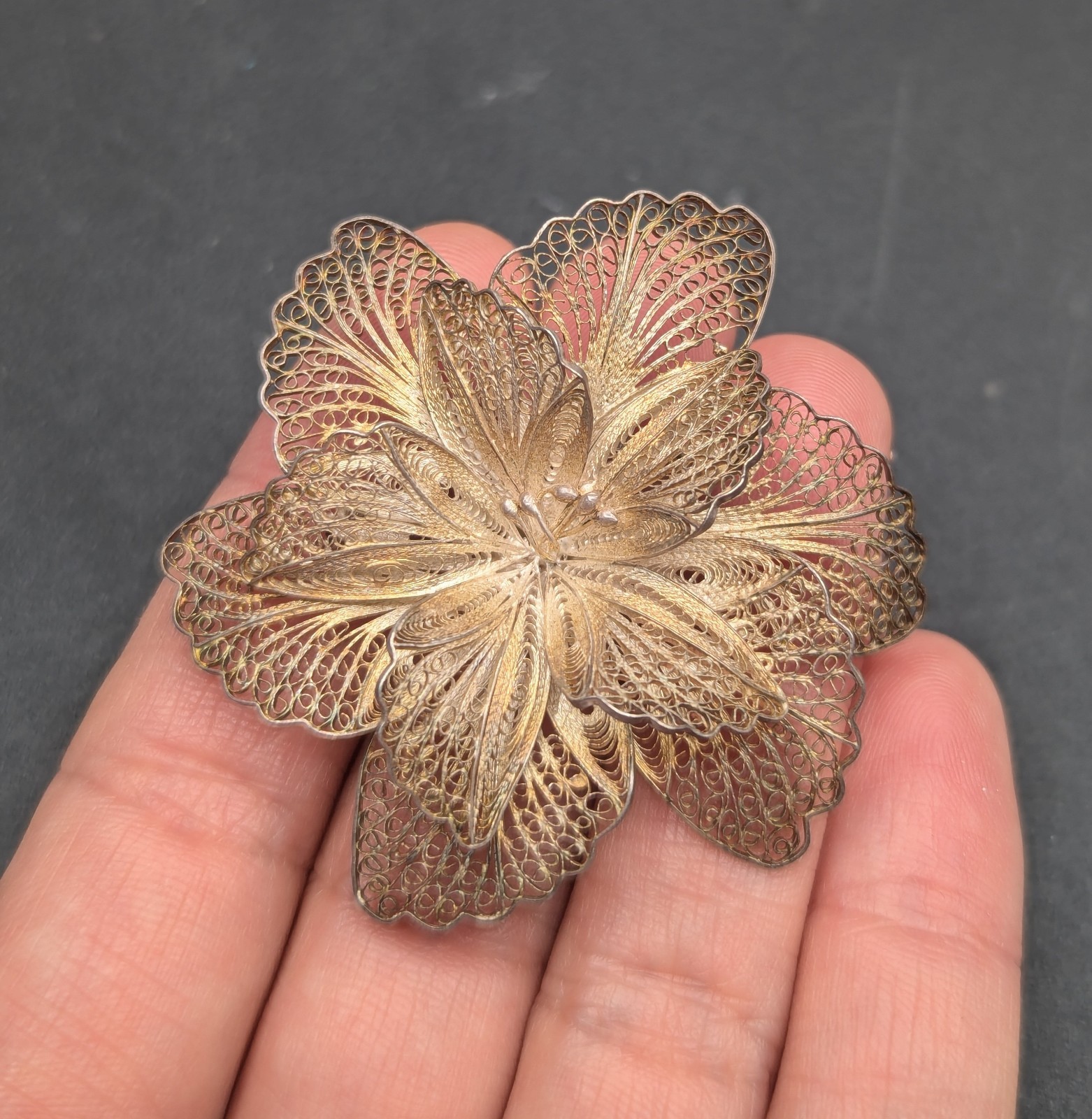 Vintage Silver Cannetille Filigree Layered Flower Brooch Pin C Clasp