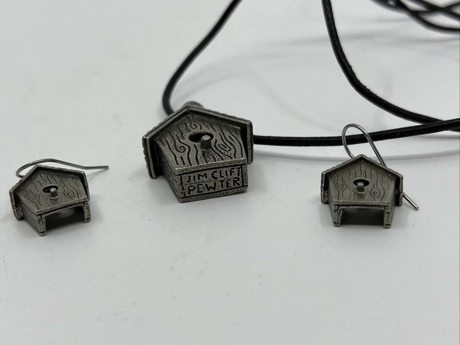 Vintage Estate Jim Clift Pewter Birdhouse Pendant & Pierced Earrings Set