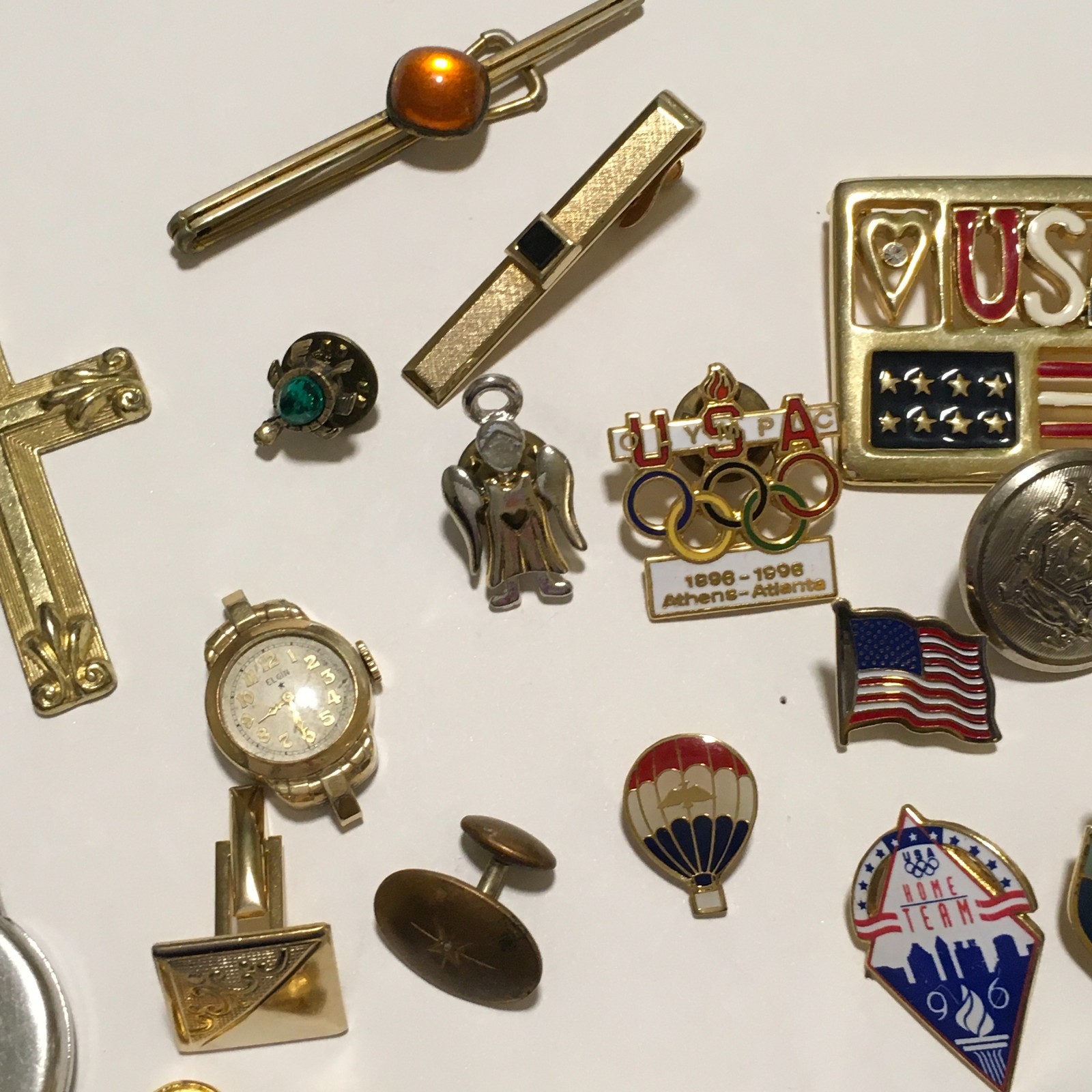 Lot of Vintages Pins Tie Lip Elgin Watch for repair locks cuff Links Flags USA