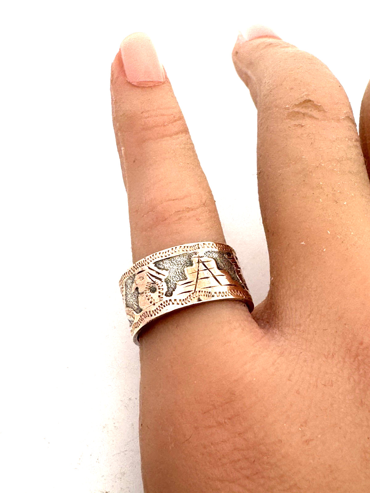 Vintage Guatemala Artisan 900 Fine Silver Two Tone Mayan Motif Wide Band Ring