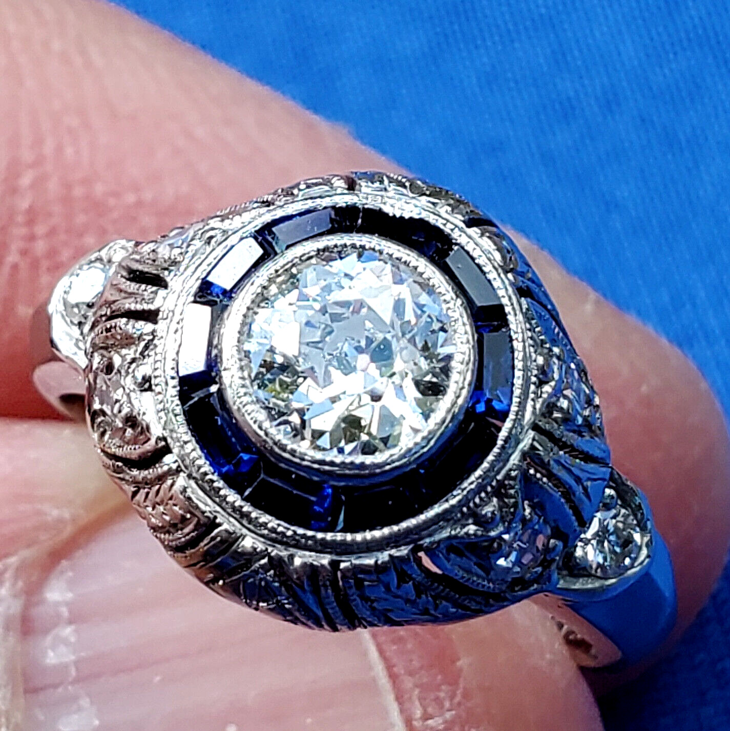 Original EARTH MINED DIAMOND Engagement Ring Deco PLATINUM SAPPHIRE Solitaire 5
