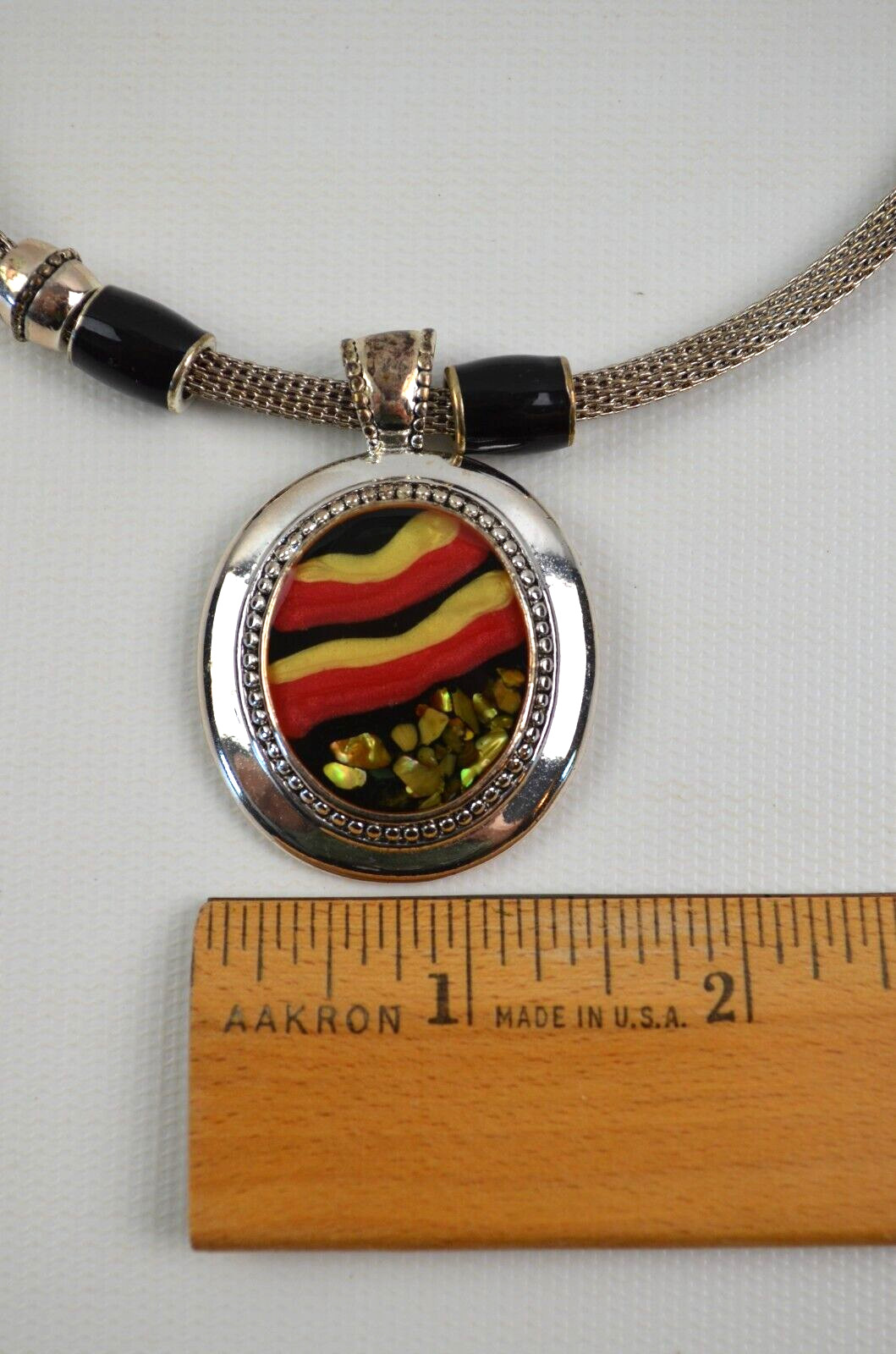 Vintage Silver Tone Snake Choker w/ Round Pendant Sunset Pattern 16″