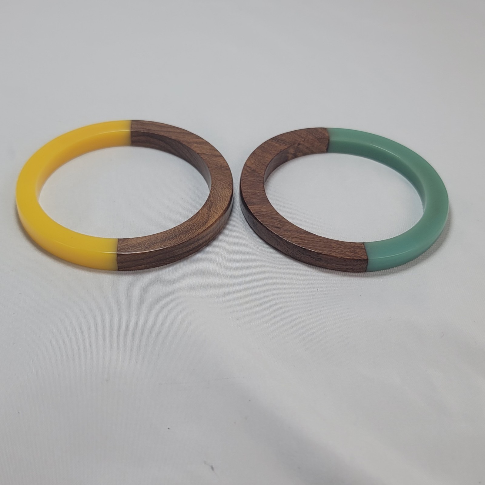 A Yellow and Green Lucite Resin & Wood Bangle Bracelet Set Modern Boho Jewelry