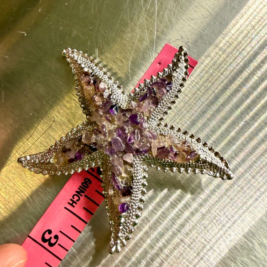 Starfish Brooch Silver Tone With Amethyst Chip Inlay 2” Statement Pin Coastal