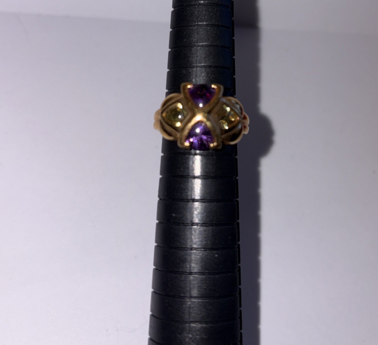 Purple Amethyst & Green Stone Ring Gold Plated Sterling Silver 925 Size 7