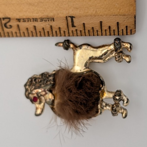 vintage brooch gold tone poodle rhinestone eye faux fur – as is