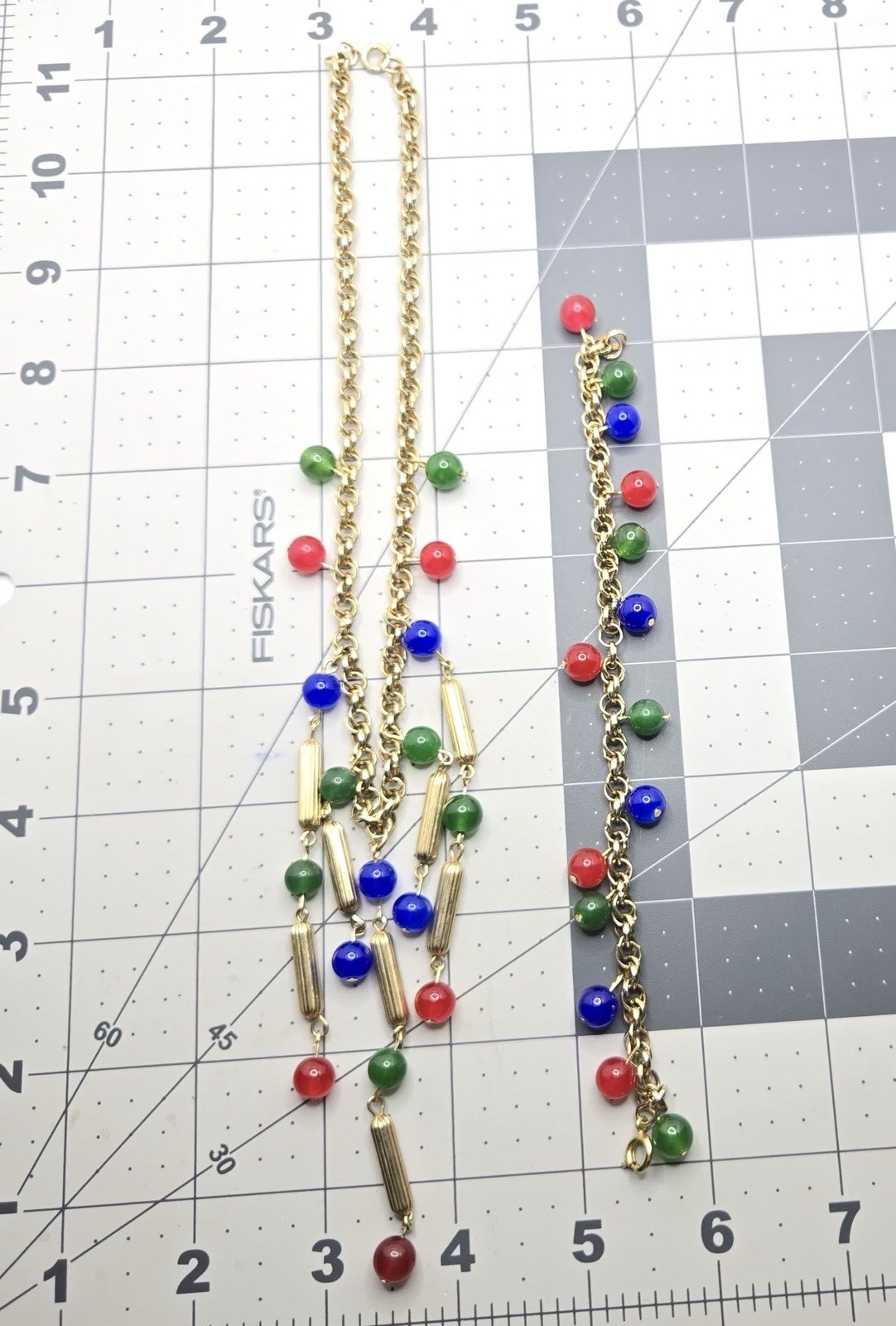 VTG Necklace & Bracelet Set, Gold Tone Chain with Red, Blue, Green Glass Beads