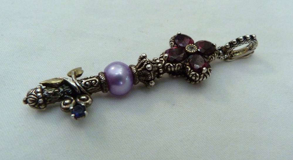 BARBARA BIXBY 18K GOLD STERLING SILVER GARNET IOLITE PEARL KEY ENHANCER PENDANT