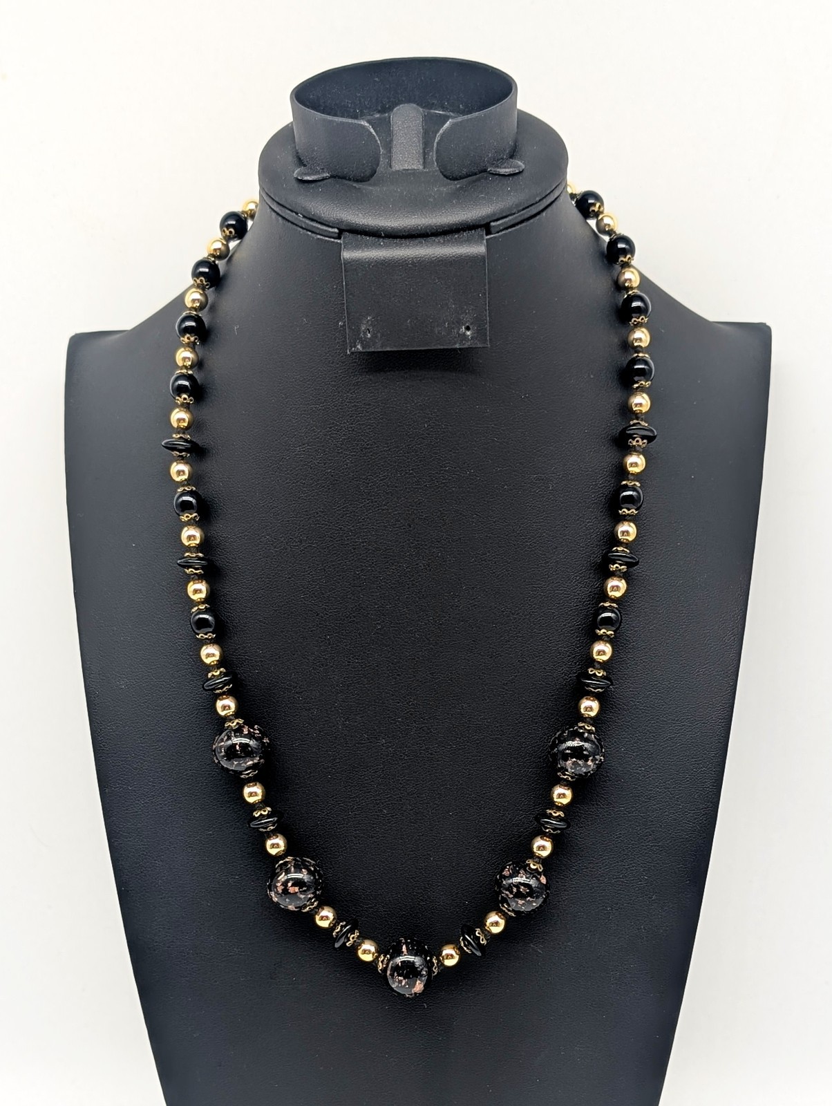 Vintage Hand Knotted Gold Tone Black & Copper Aventurine Art Glass Bead Necklace