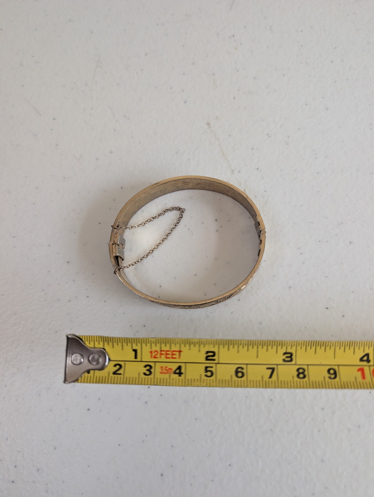 Vintage Gold Tone Embossed Floral Geometric Hinge Bangle Bracelet with Safety