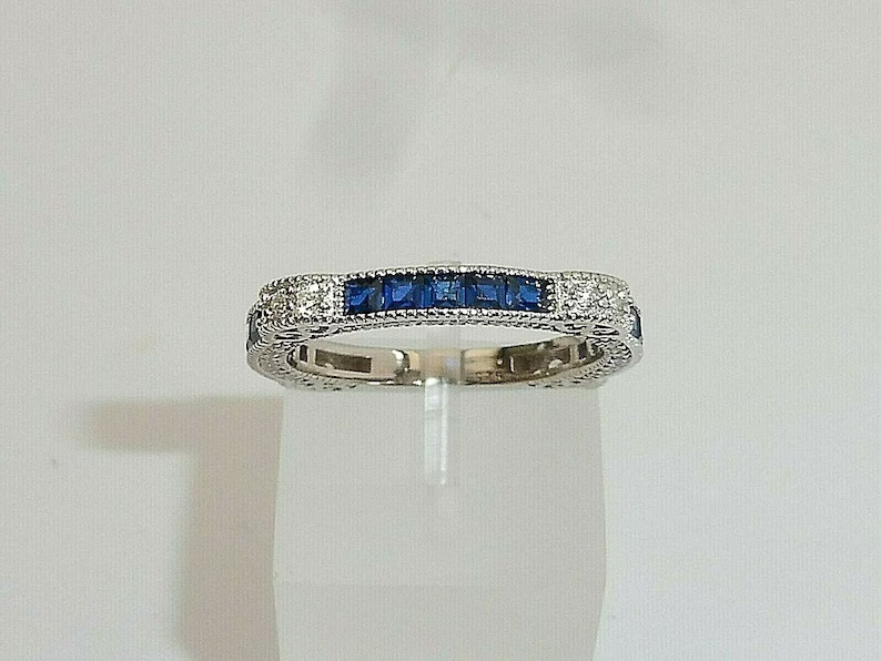3/4 CTW Blue Princess Cut CZ Art Deco Wedding Antique Eternity Silver Band Ring