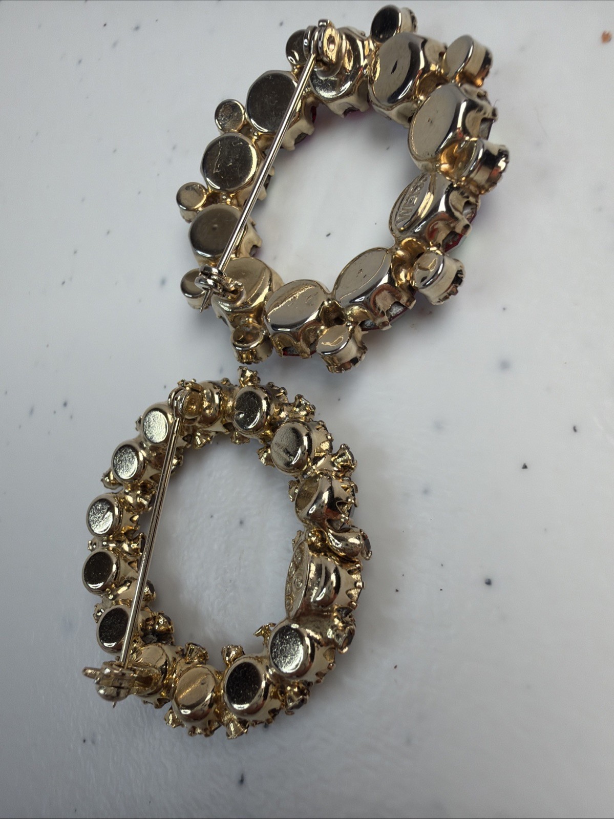 Lot Of 2 Signed Weiss Rhinestone Wreath Brooches AB Red And Smoke Topaz Vintage