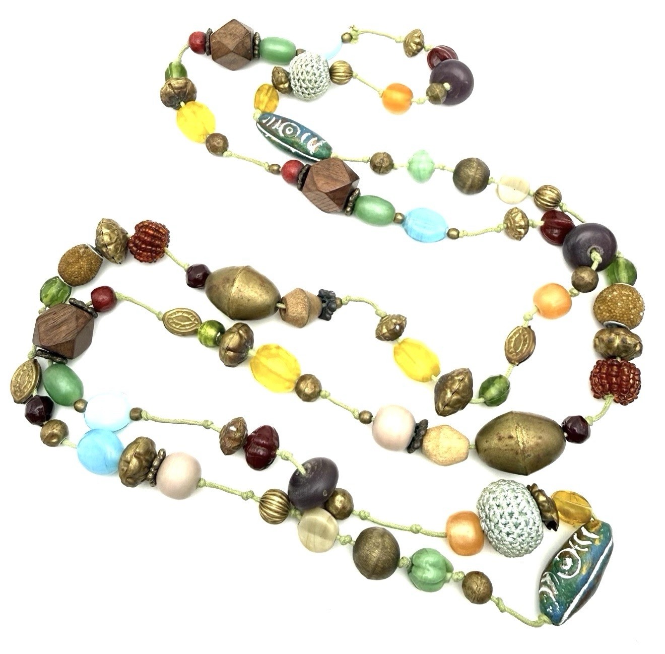 Vintage Mix Bead Necklace Knotted Multicolor Glass Crochet Wood Ceramic Metal 60