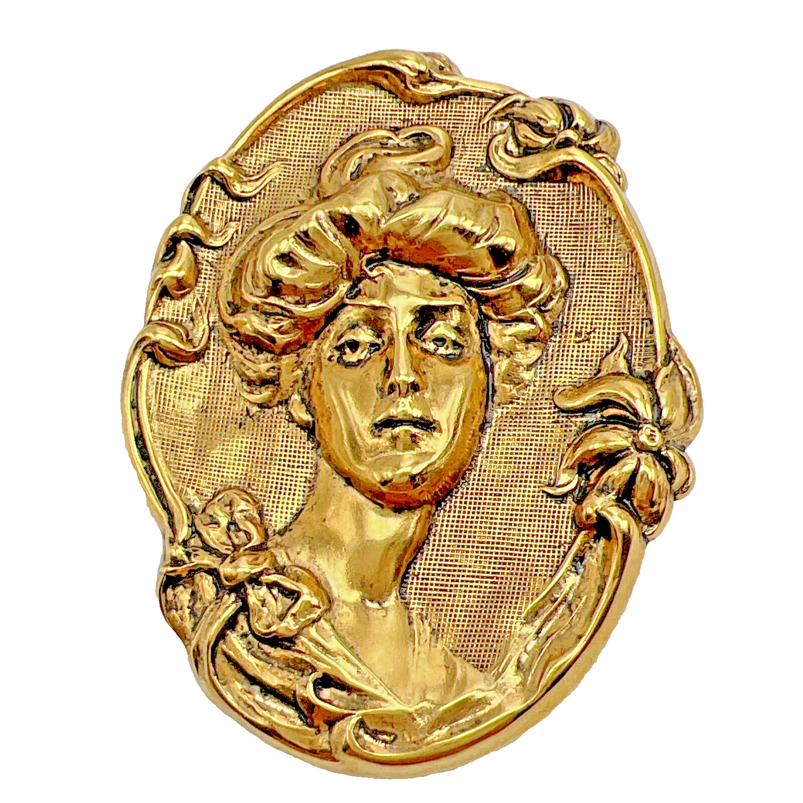 Raised Relief Brooch Metal Gold Tone Repousse Lady Medallion Pin Fashion Jewelry