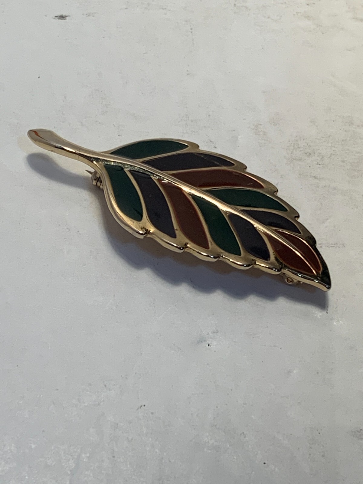 Gold Colored Metal, Red and Green Enameling, Leaf Pin/Brooch, Fall, Christmas