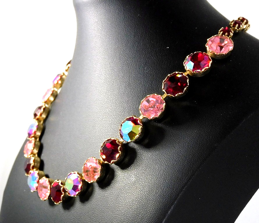 Vintage WEISS Pink Red AB Loop Prong Set Rhinestone Necklace Adjustable to 17″