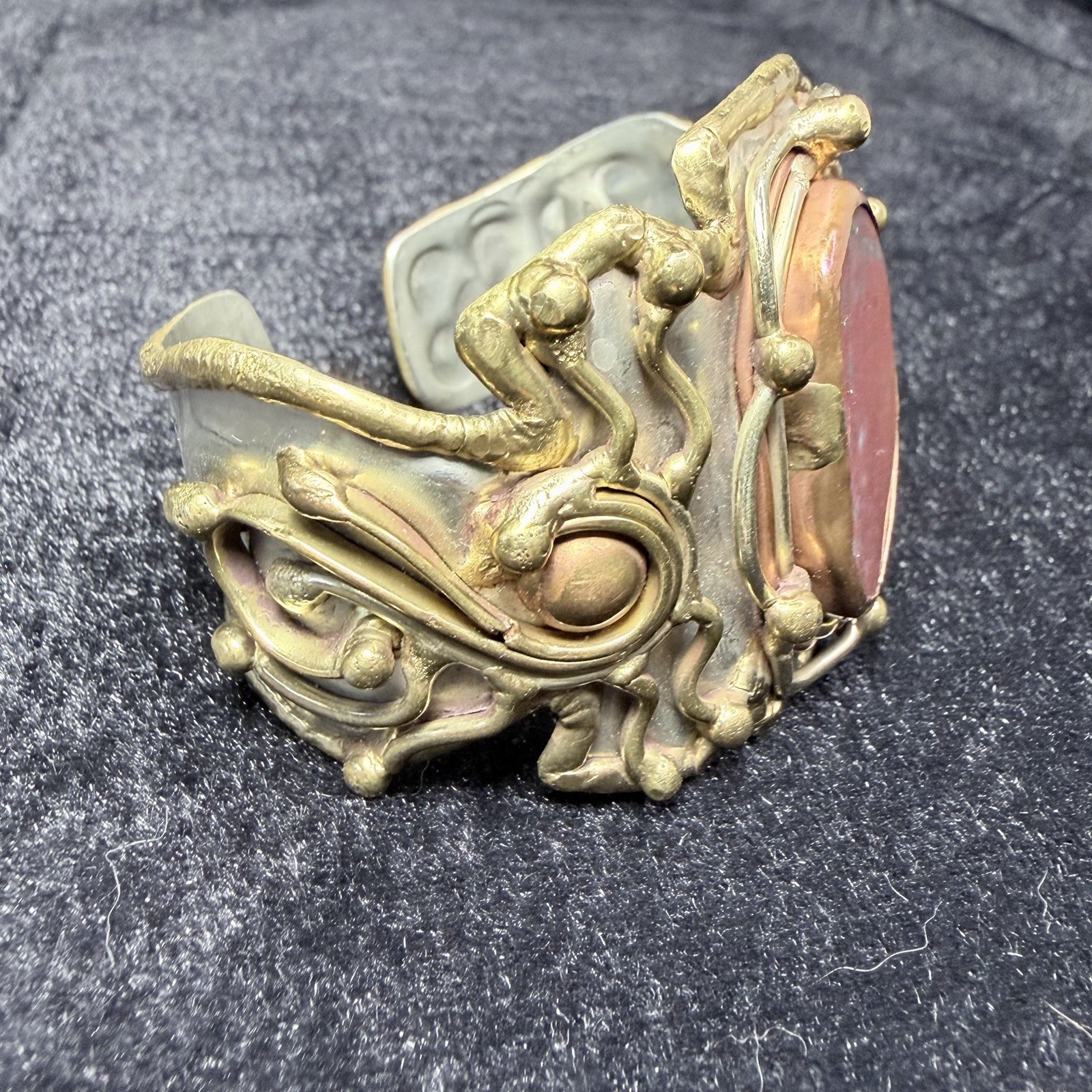 Beautiful Brutalist Mixed Metal Cuff Bracelet Brass & Copper Large Natural Stone