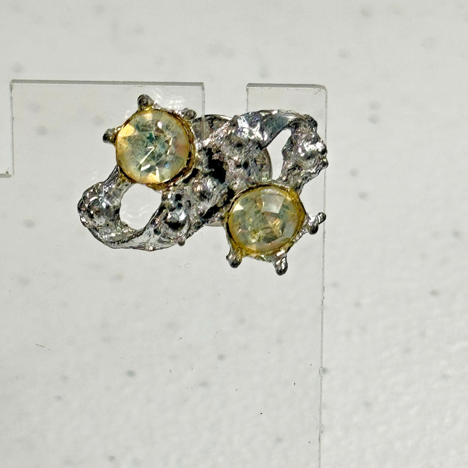 Vintage Brooch Abstract Brutalist Silver Tone Yellow Rhinestone Modernist Pin