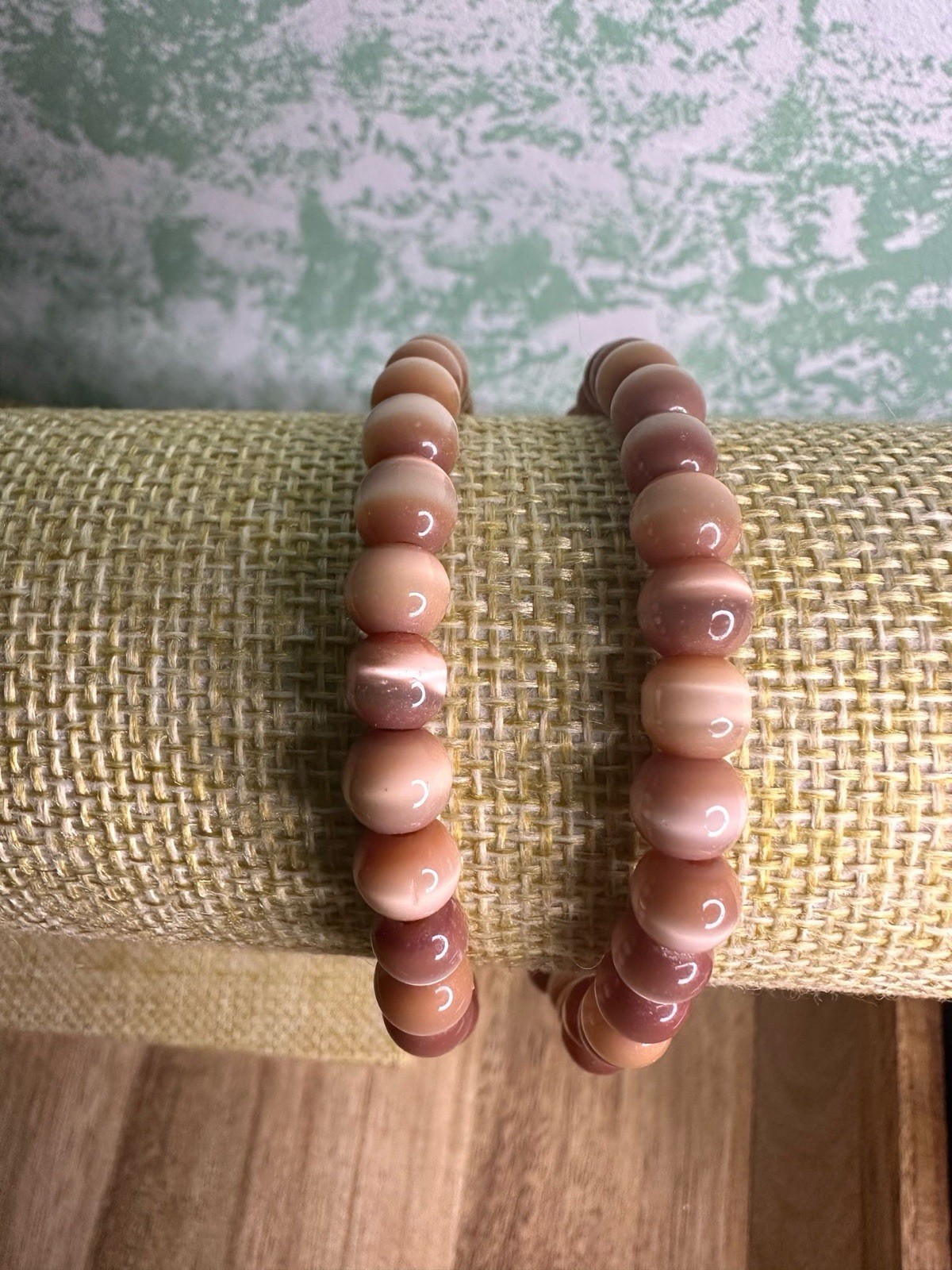 Vintage Pink Tigerseye Stone Beaded Necklace With Gold Tone