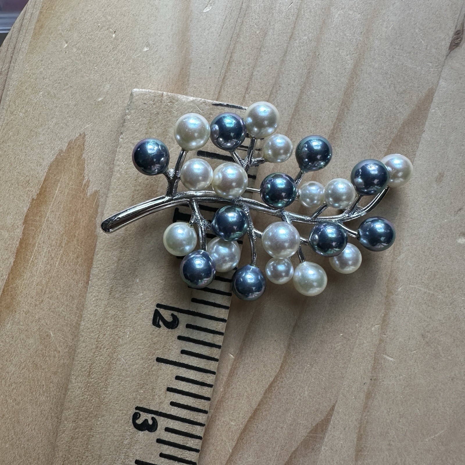 Vintage Artisan Brooch 2.9 Inch Faux Pearls Rhodium Plate Fine Silver 23.6g