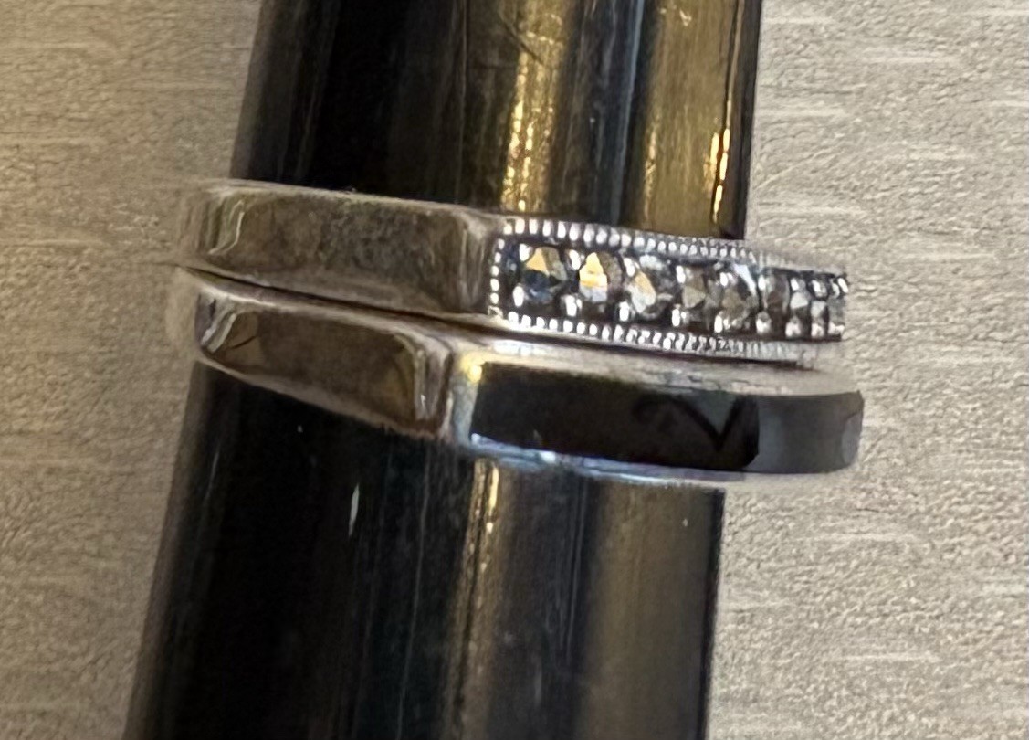 Pair Stackable Sterling Silver Band Rings Flat Top Marcasite Black Enamel size 8