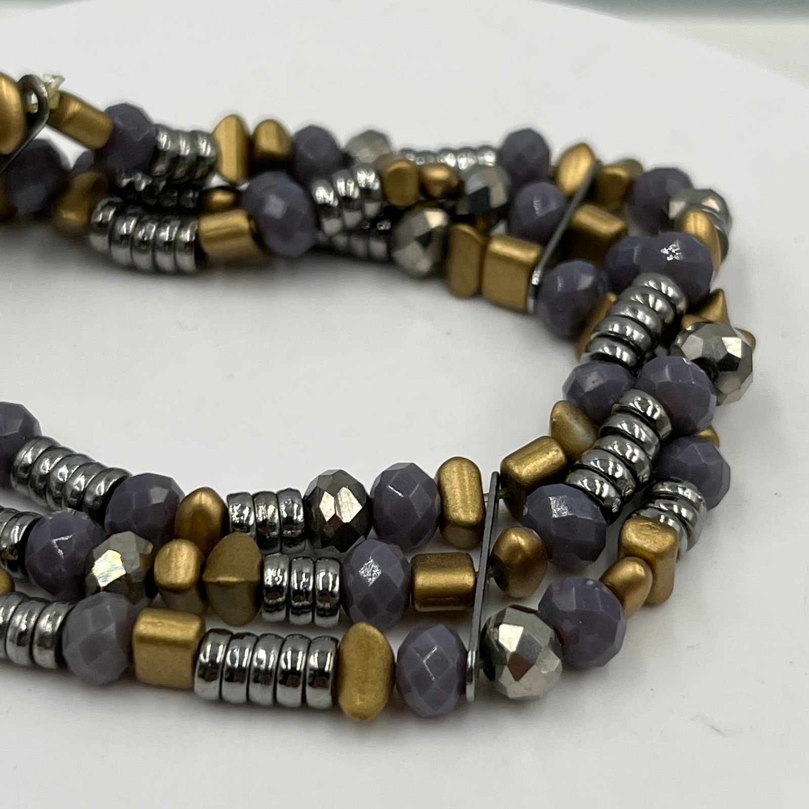 Vintage Multi Strand Beaded Bracelet Gray Faceted Beads Gold Silver Tone Wrap
