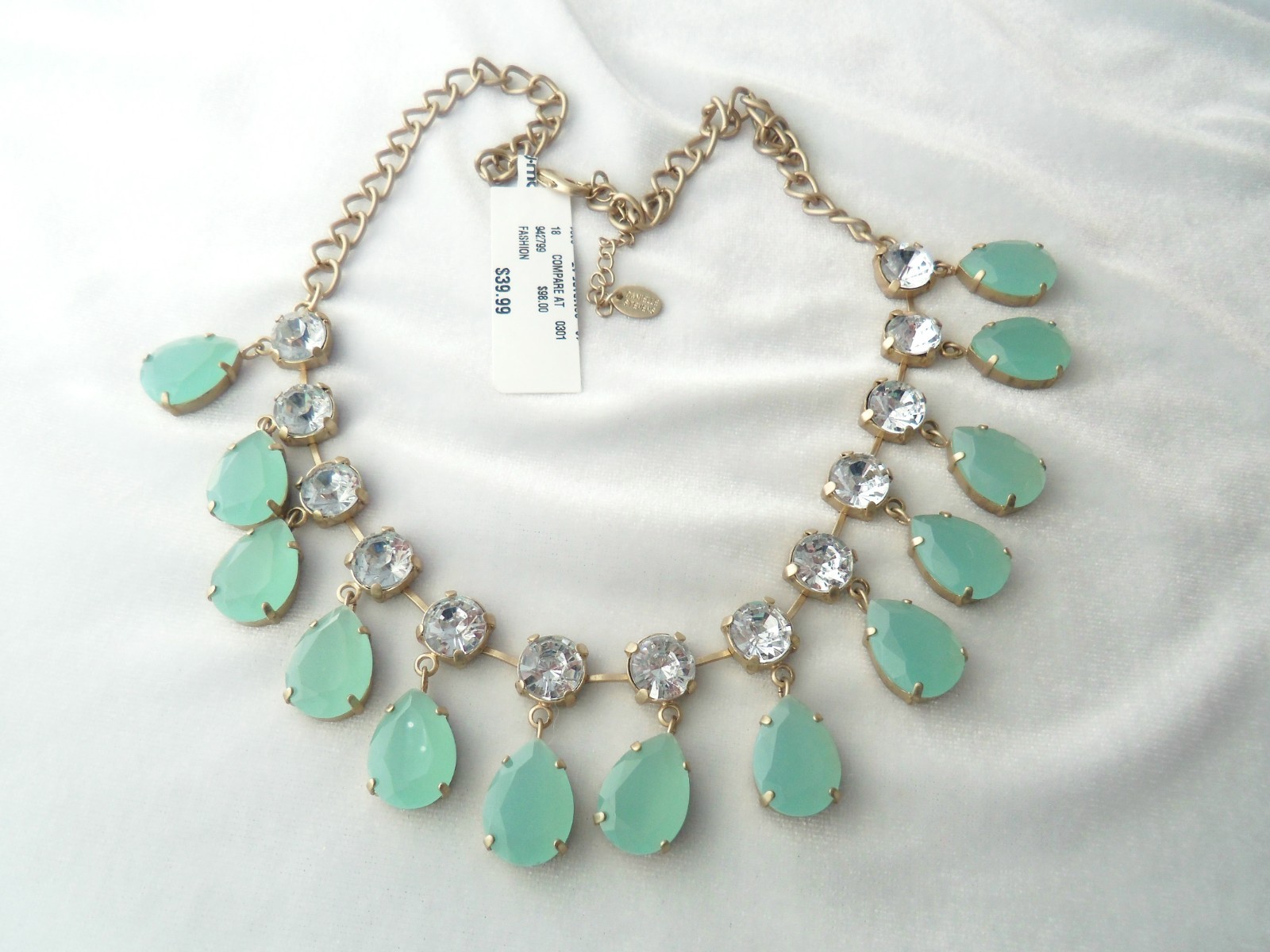 Danielle Stevens Mint Green Lucite Crystal Stones Fringe Bib Statement Necklace