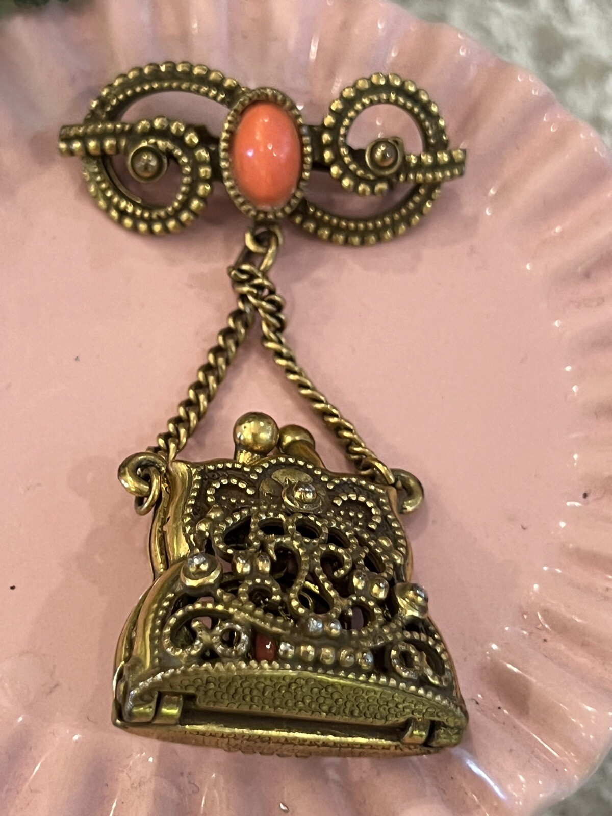 Pin Brooch Filigree Purse Coral Color Stone Dangle Pin