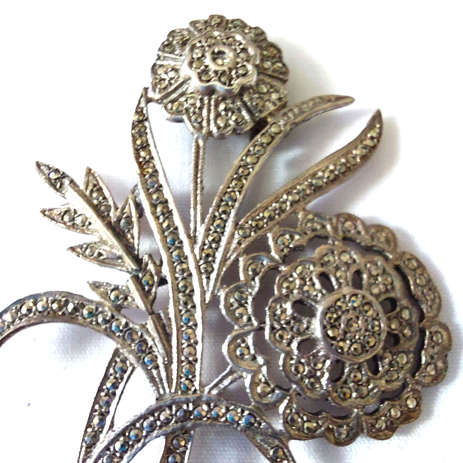 VTG Sterling Silver 925 Marcasite Sunflower Bouquet Large Ladies Pin Man Brooch