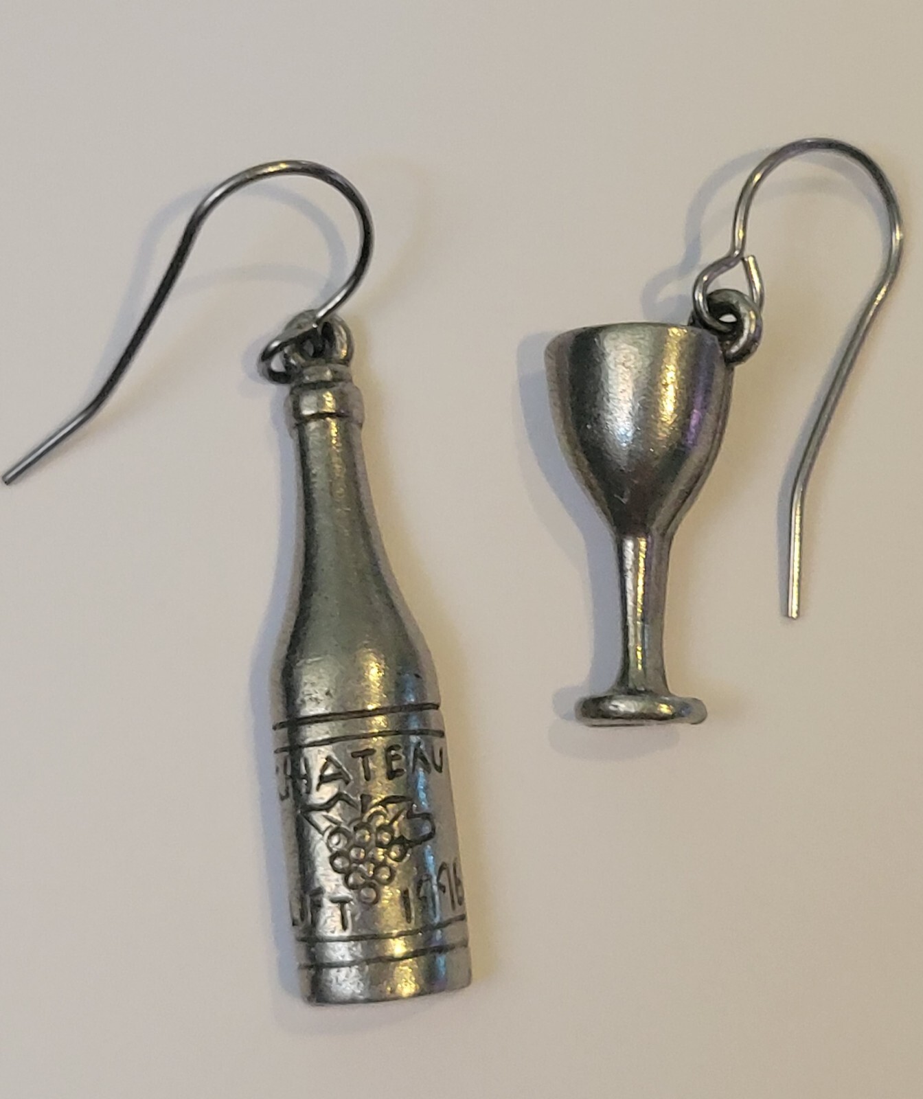 Jim Clift Pewter Wine Bottle Glass Goblet Charm Pierced Earrings Signed Vintage