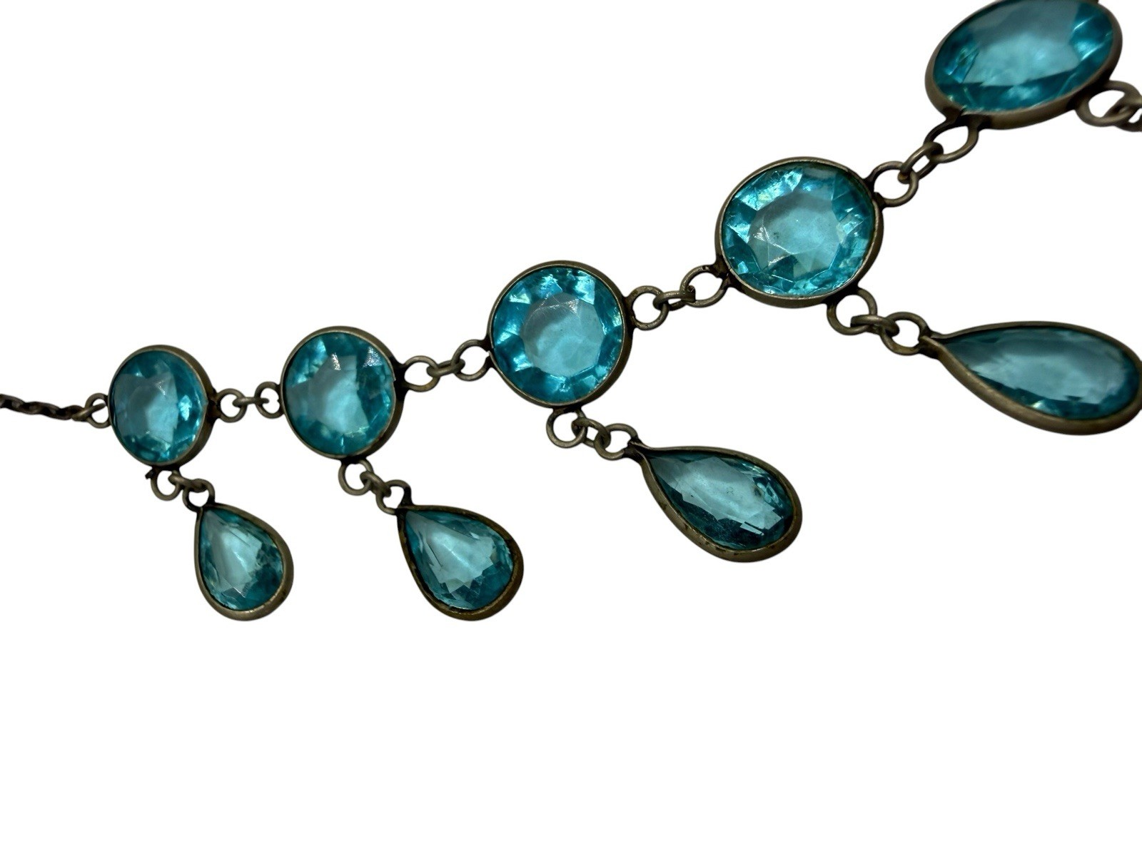 Antique Edwardian Deco Czech Festoon Drapes Faux Aquamarine Glass Necklace
