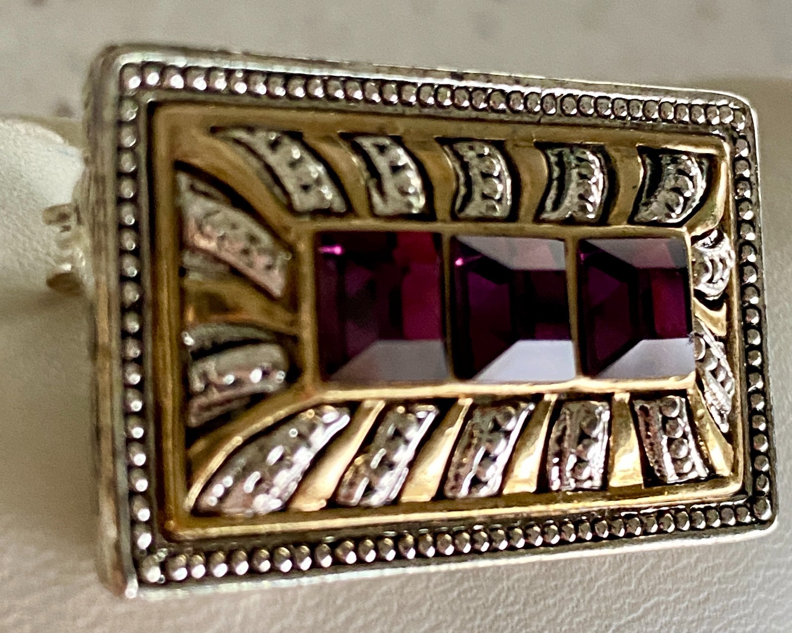 Vintage Art Deco Style Gilt Brooch Purple Rhinestone Silver & Gold Tone Filigree