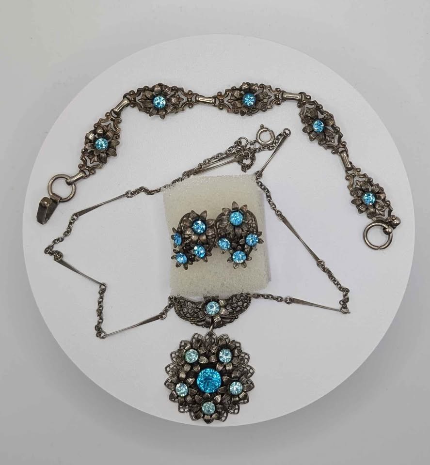 Antique Blue Flower Crystal Necklace, Bracelet and flower clip on earrings