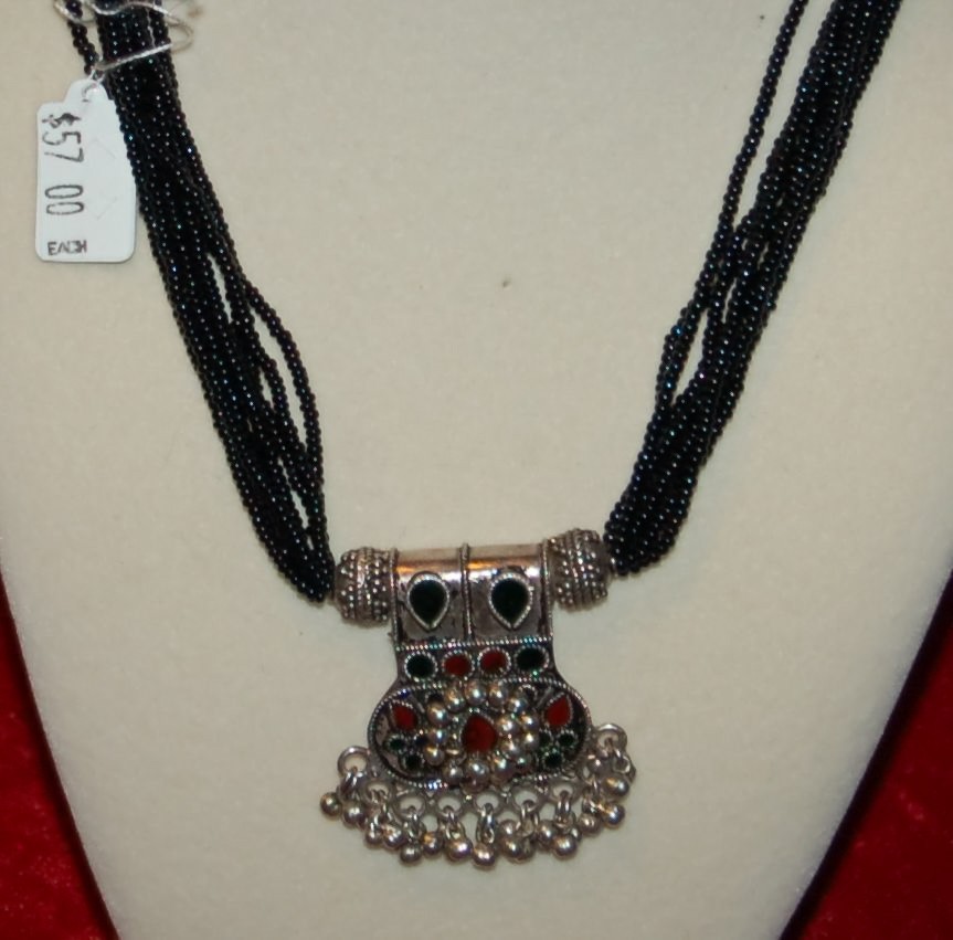 VINTAGE JEWELRY Necklace Multi Strand Beaded Metal Pendant