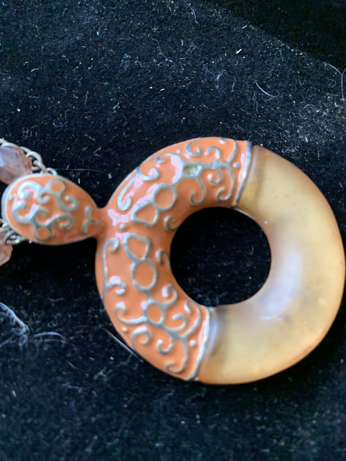 Vintage Art Deco Influenced orange enamel and bakelite pendant and necklace