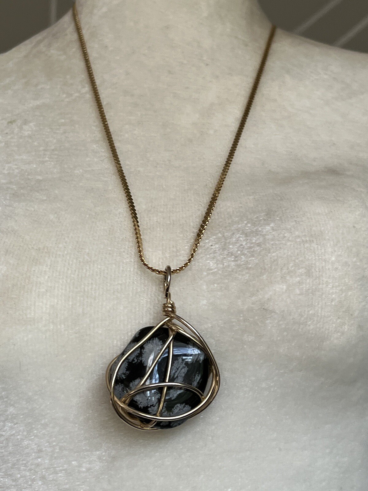 Vintage Polished Snowflake Obsidian Pendant Necklace Wire Wrapped Obsidian Stone