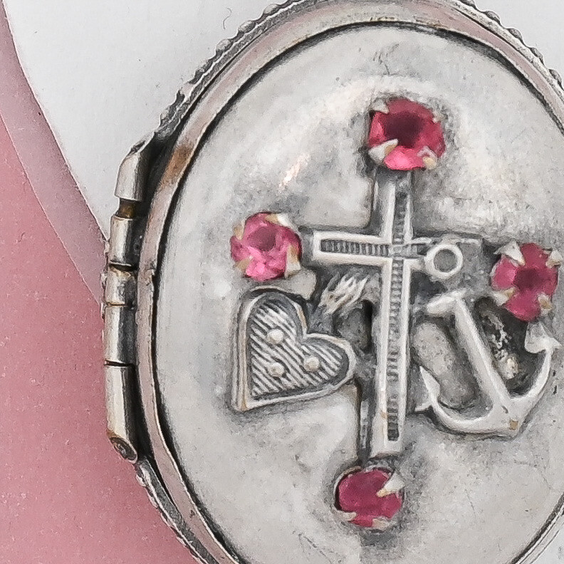 Antique Victorian Heart Cross Anchor Pink Paste Silver Puffy Pendant Locket