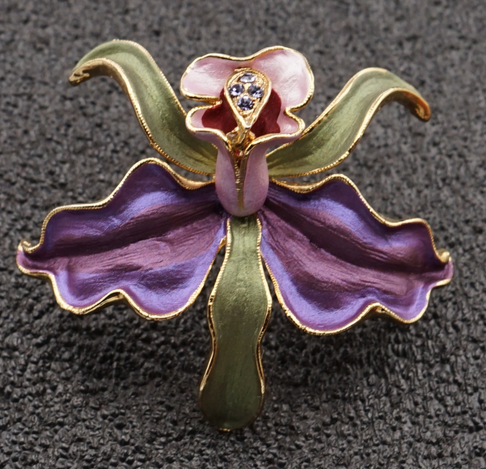 Vintage Gold Tone Enamel Leaf Purple Orchid Floral Brooch