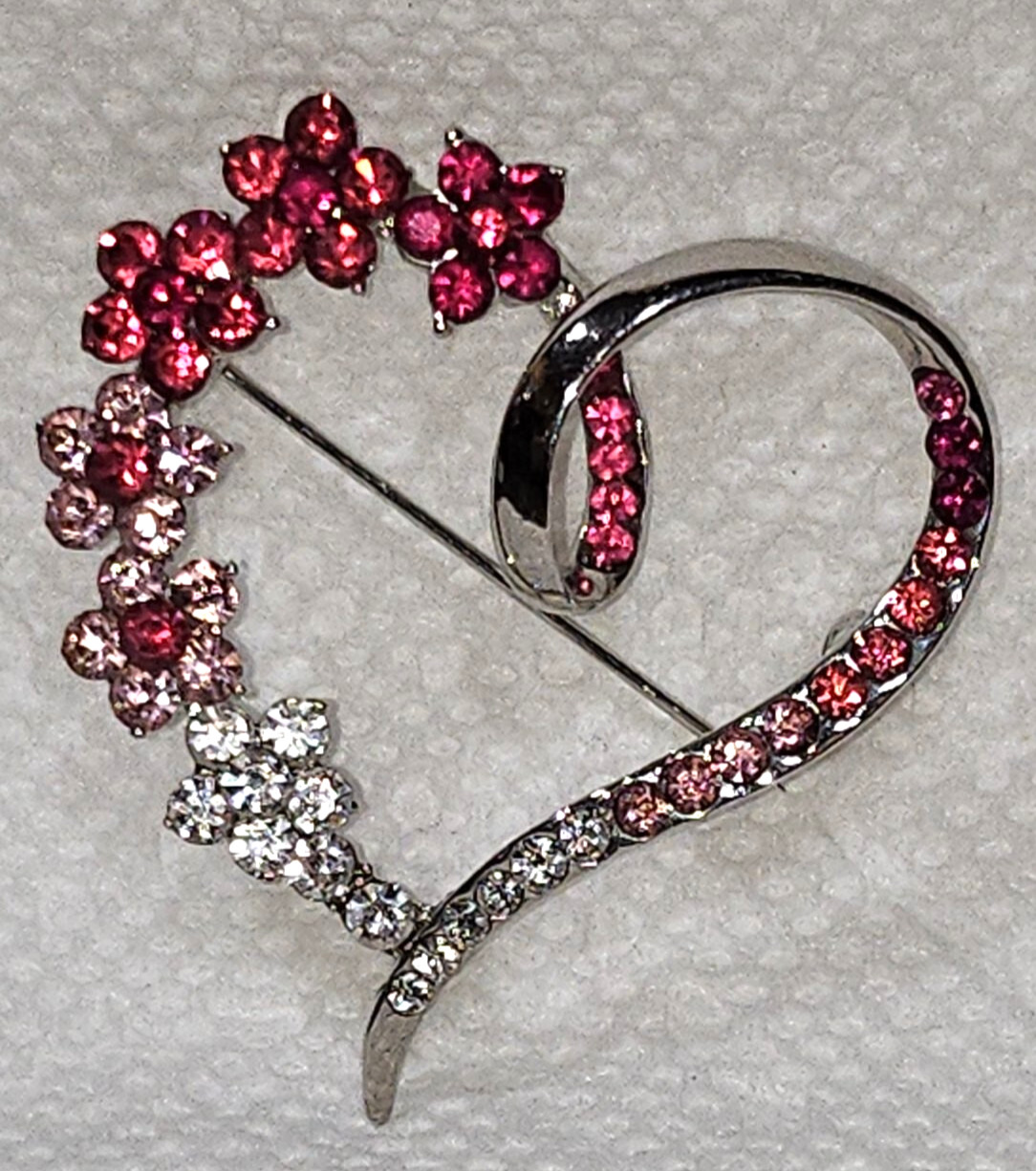 Heart Pin with Red and Pink Flower Stones Vintage