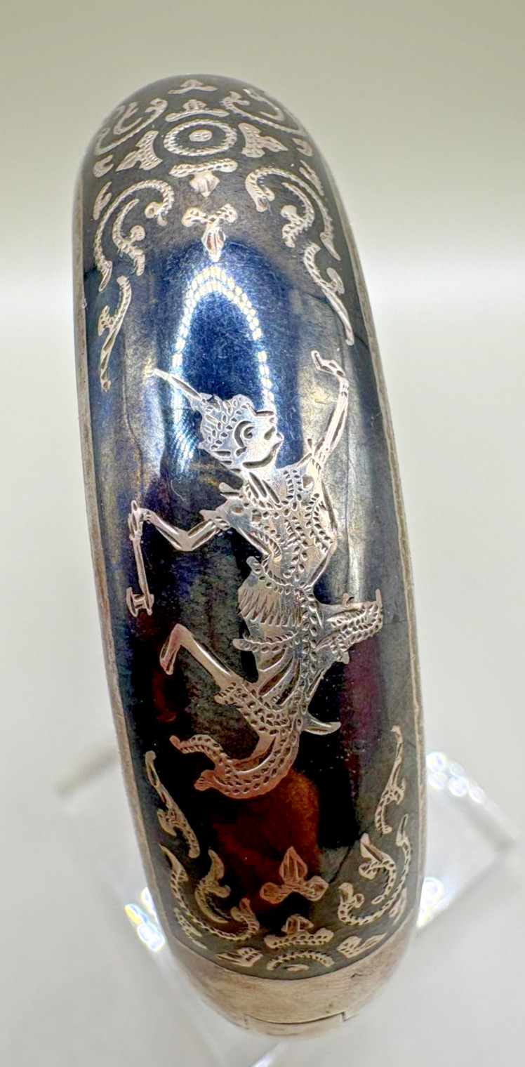 Vintage Siam Sterling Silver Niello Hinged Bangle Bracelet Dancing Goddess 31.5g