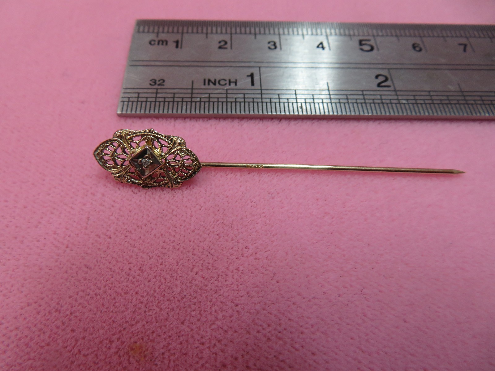 Vtg BDA 14K Solid Y. Gold Stick with 1/20 12k GF Diamond Top Stick Pin 1.13 G