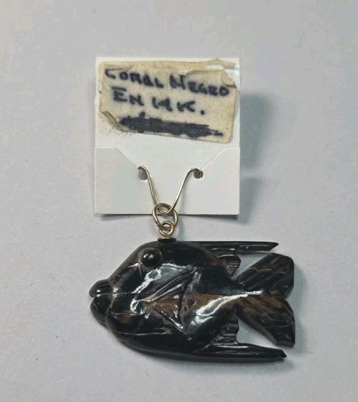 Rare Vintage Black Coral Carved And Polished Fish With 14K Bail Pendant