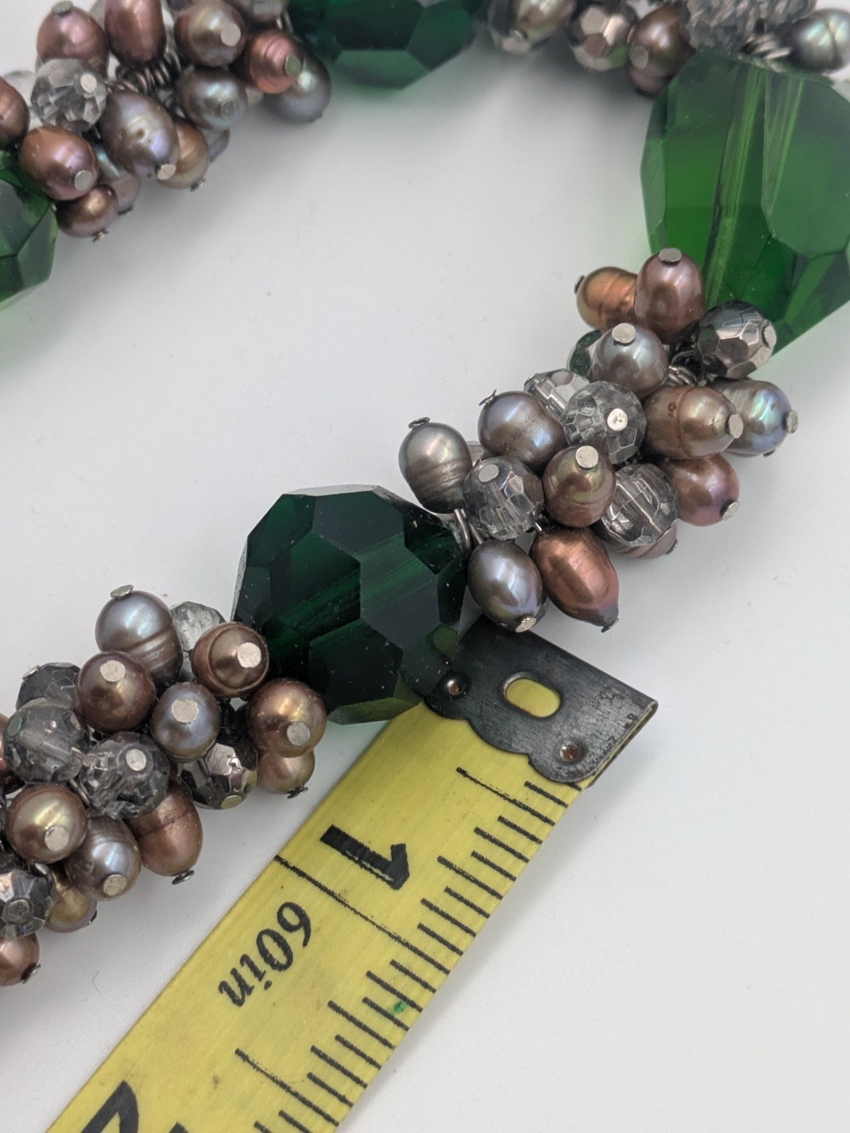 Vintage Genuine Pearl & Crystal Glass Cluster Green Acrylic Beaded Necklace 20″