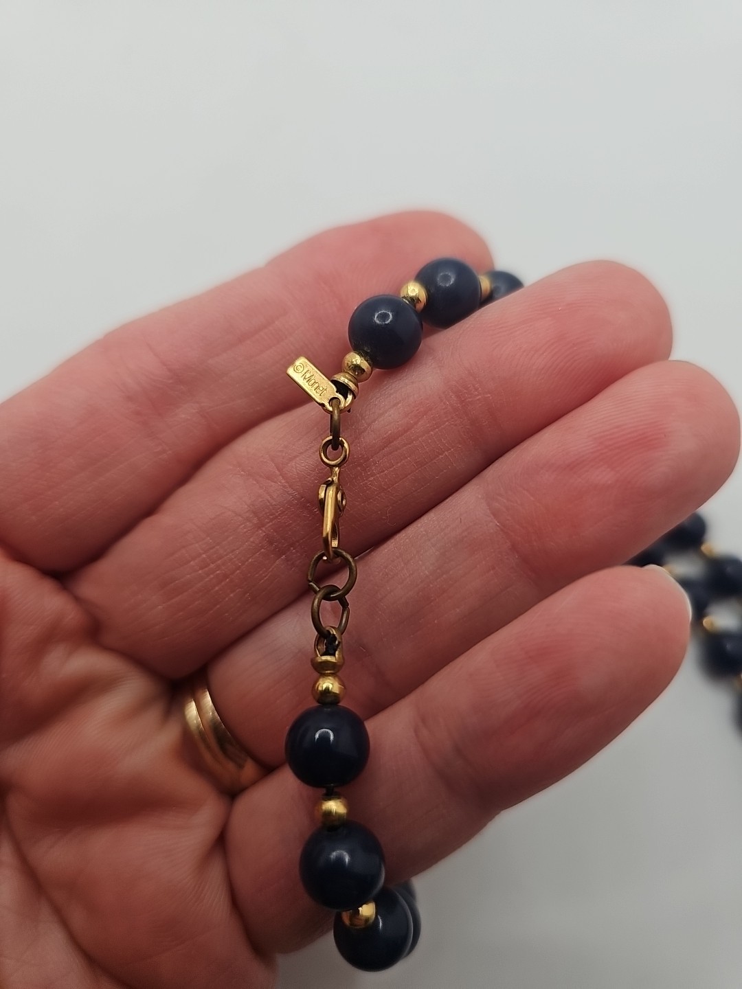 Vintage Monet Necklace Blue Bead Gold Tone Spacer Long 30 in Classic