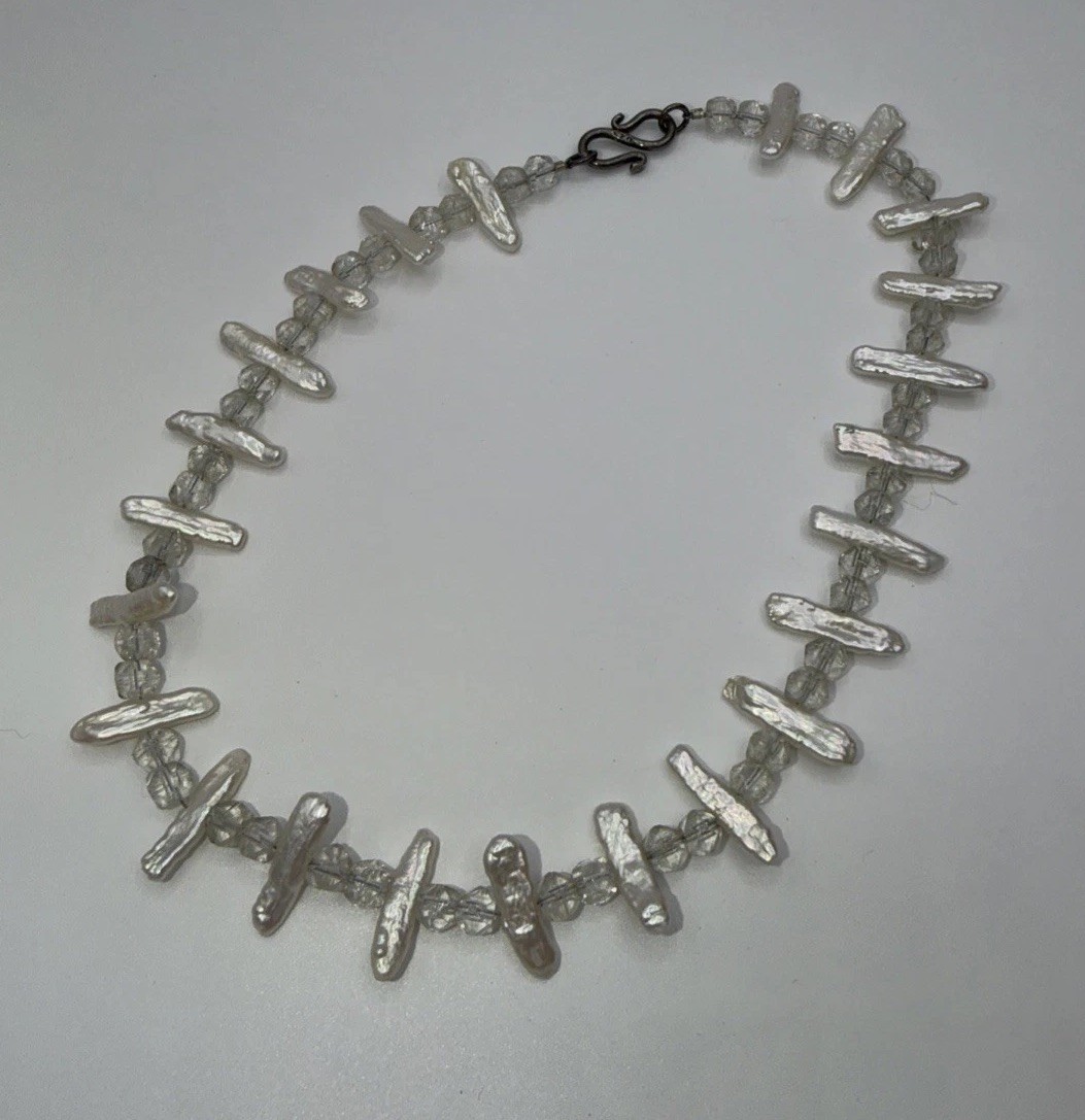 Vintage Baroque Pearl & Crystal Bead Necklace Hand Knotted Hook Clasp