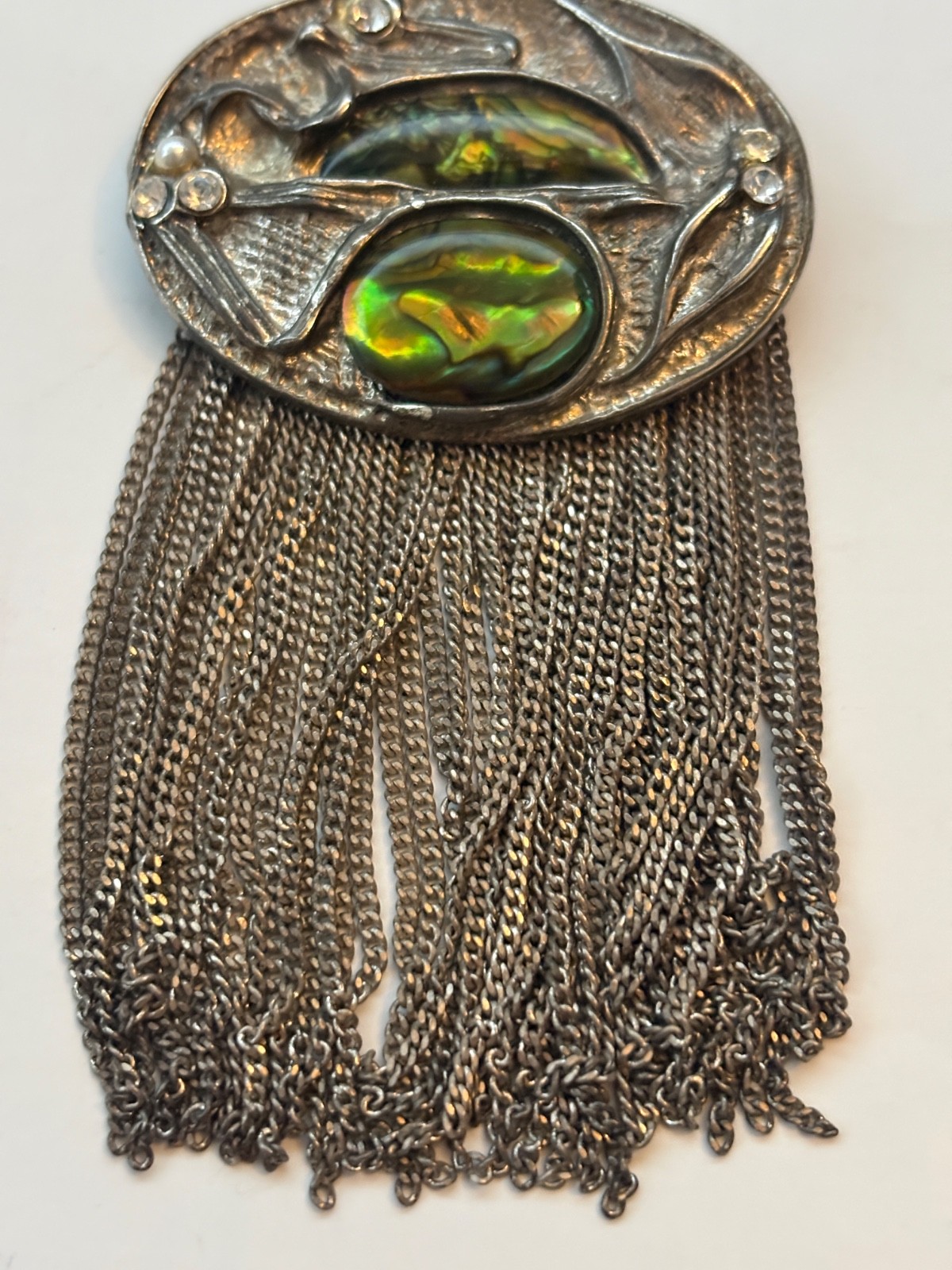 Vintage Unsigned Abalone SilverTone Fringe Chain Brutalist Statement Brooch